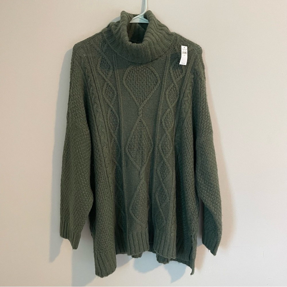 Aerie cable knit wool blend cowl neck green sweater large NWT